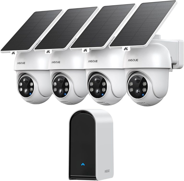 ANSQUE 2K Camera Surveillance WiFi Exterieure sans Fil Solaire, Kit 4 Cam, Sans Abonnement, 360° PTZ, Suivi Automatique, Stockage Local 32 Go