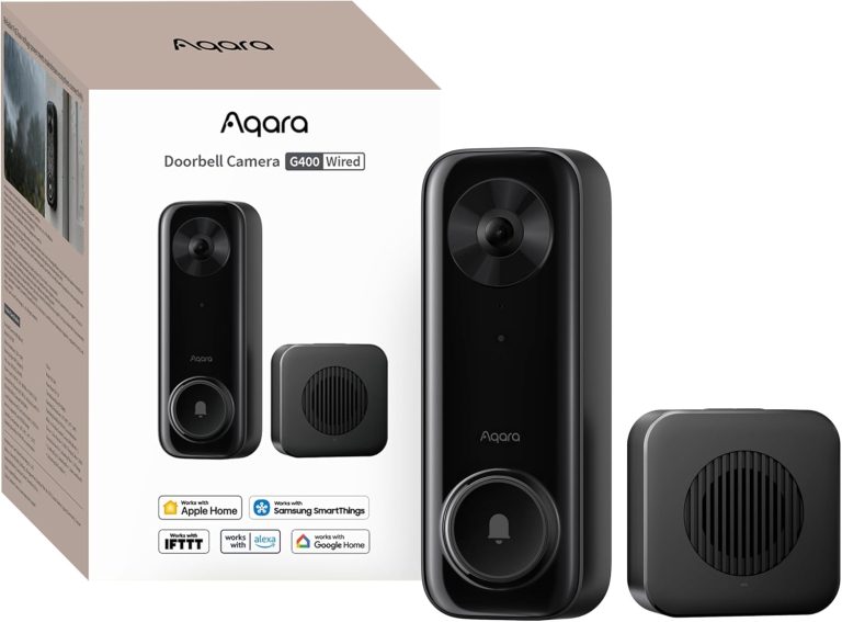 Aqara Sonnette Vidéo G400 avec Carillon, PoE/WiFi, HomeKit Secure Video | Vue Tête-aux-Pieds 2K, Wi-Fi 6 2,4/5 GHz, Compatible avec Alexa/Google/SmartThings, Détection locale, Enregistrement 24/7, IP65