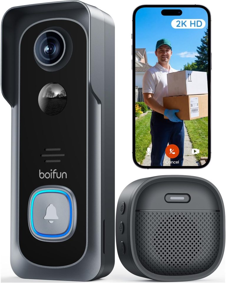 BOIFUN 2K Sonnette sans Fil Exterieur Etanche, Grand Angle de 166°, Noir | 2K/3MP HD, Installation Facile, Détection Humaine par IA, Vision Nocturne, Compatible Carte SD, IP65 étanche, Wi-FI 2,4 GHz