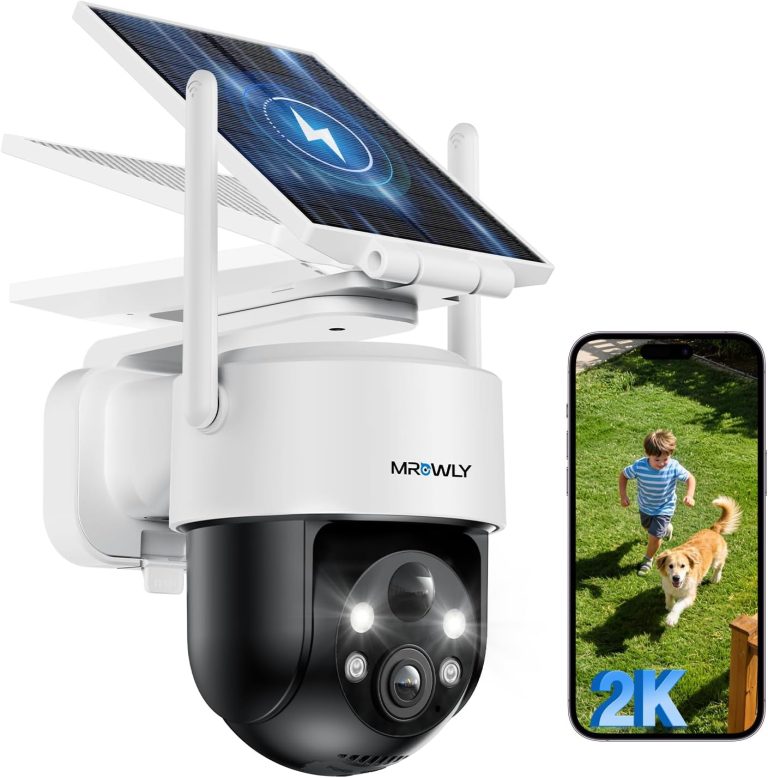 Mrowly 2K Camera Surveillance WiFi Exterieure sans Fil 360° PTZ, Panneau Solaire Intégré/Amovible, Détecteur PIR, Vision Nocturne Couleur